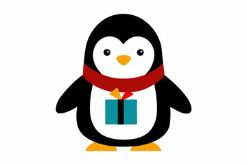 A penguin wearing a scarf and holding a small gift.  on white vector illustration.
