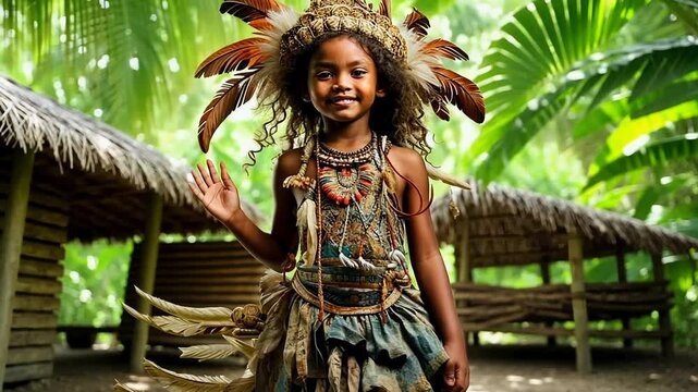 A joyful girl from Papua New Guinea showcases her traditional national costume, smiling and waving warmly in a lush tropical environment filled with greenery.