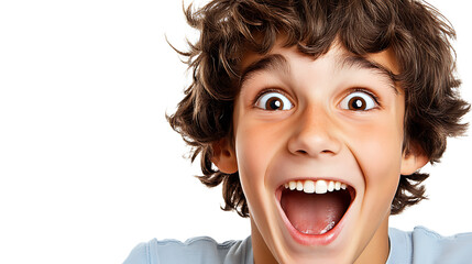 Boy's Excited Face:  A young boy with curly brown hair beams with pure joy, his eyes wide with excitement and his mouth open in a wide, toothy grin.