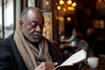 Elegant senior man is enjoying a moment of quiet relaxation reading a book in a cafe, with a cup of steaming coffee