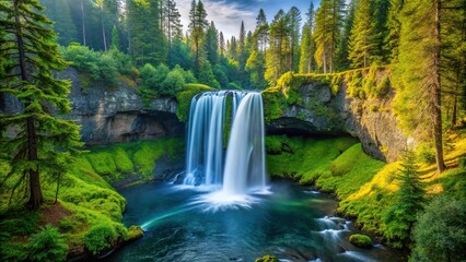 Fototapeta premium Scenic view of Koosah Falls waterfall in Willamette National Forest Oregon