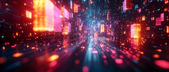 Fototapeta premium A vibrant digital network of glowing data streams in bright blue and orange hues, creating a futuristic and dynamic atmosphere of technology and innovation.