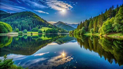 Fototapeta premium Scenic view of lake in moonlight reflection with green hills and trees