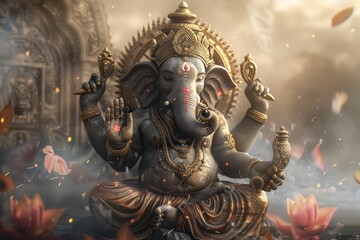 Fototapeta premium Golden Ganesha Statue with Floral Details and Smoky Background