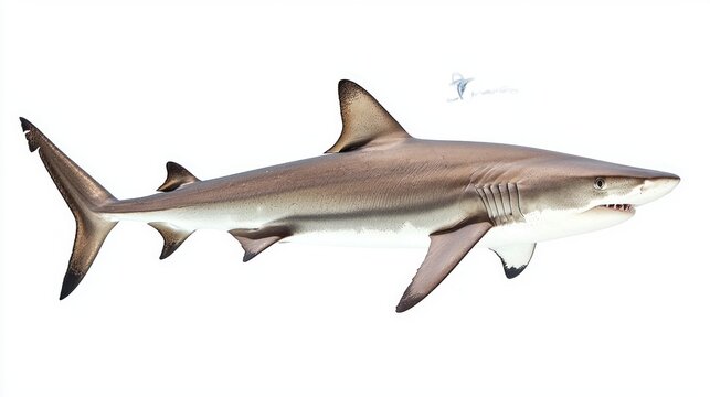 mackerel shark known scientifically as Lamna nasus is presented in isolation against a white backdrop highlighting its sleek body and unique characteristics.