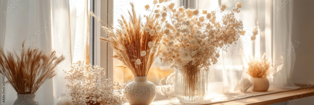 Poster various fluffy dried flowers are artfully displayed in vases by a sunlit apartment window, adding a 