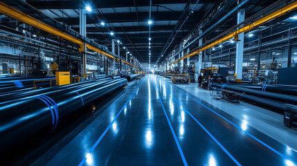 A panoramic view of a sprawling PE pipe production facility with giant rolls of HDPE pipes marked with blue lines, showcasing the sheer scale and industrial focus on gas and water