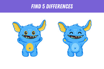 Find 5 differences between two pictures of funny blue monster. Cute alien. Ghost. Vector illustration
