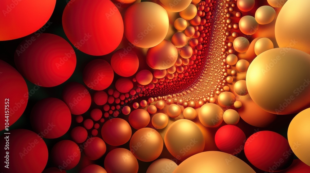 Poster red and golden abstract spots form circles, resembling christmas ornaments in a vibrant, festive dis