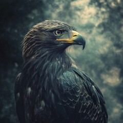 Obraz premium A majestic eagle with a sharp, piercing gaze stands against a dramatic cloudy sky, symbolizing power and freedom.