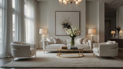 A modern living room with a white sofa, two armchairs, a coffee table, a large painting, and a chandelier.