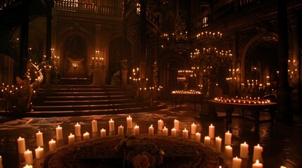 Obraz premium The flickering flames of the candles p strategically around the area create a romantic ambiance as the movie starts to play. 2d flat cartoon.
