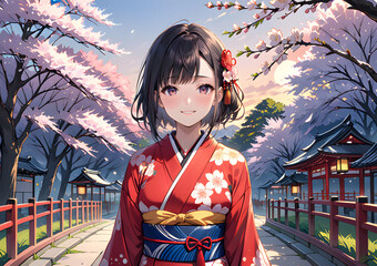 Fototapeta premium Animation of a girl in a kimono 