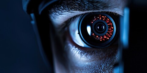 security camera concept with camera lens on person's eye
