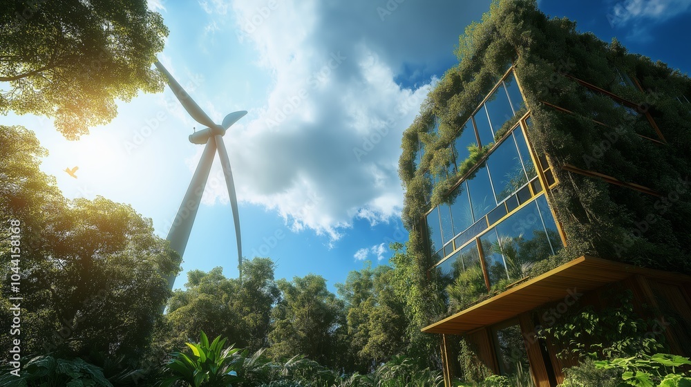 Poster sustainable eco-friendly house with a wind turbine, blending modern architecture and renewable energ
