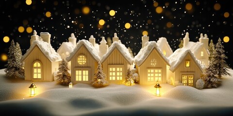 Fototapeta premium A picturesque village adorned with fresh snow showcases charming houses illuminated from within, surrounded by a magical winter landscape and softly falling snowflakes