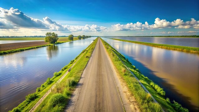 Scenic view of levee road with water reflections