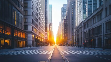 Fototapeta premium A city street at sunset, showcasing tall buildings and a vibrant urban atmosphere.