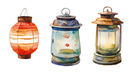 Beautiful Watercolor Chinese Lanterns Set on a Transparent Background Generative AI