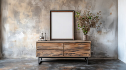 A dark oak nightstand in a cozy home interior, featuring a vase of blooms, a collection of books, a stylish lamp, and a poster with a blank area for text against a gray concrete wall.