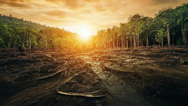A cleared forest area at sunset shows the impact of deforestation
