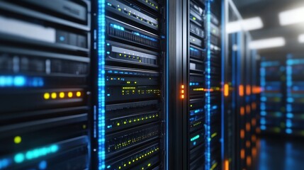 A close-up view of server racks in a data center, showcasing technology and connectivity.