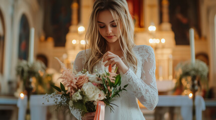 The happy planner adjusting the final ribbon on a wedding bouquet in front of a beautifully lit altar, symbolizing the joy and fulfillment she brings to the coupleâs special day.