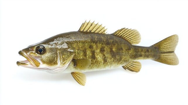 smallmouth bass displays its distinctive coloration and features while resting on a clean white surface highlighting its intricate details and texture.