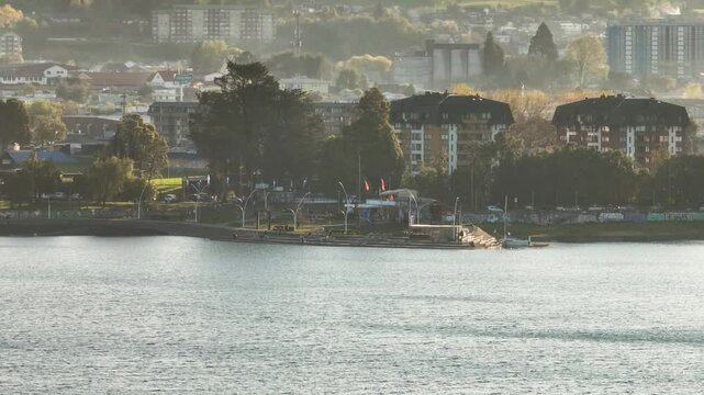 Aerial panoramic view of the activity of the Playa Pucar&aacute; viewpoint park in Villarrica, Araucania Chile.
