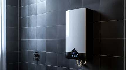 A sleek, modern gas water heater mounted on a tiled bathroom wall, with visible piping and control knobs, providing a sense of efficiency and comfort in home heating systems.
