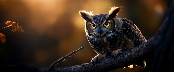 A great horned owl perched on a tree branch, with a golden glow behind it, looks directly at the camera with intense yellow eyes.