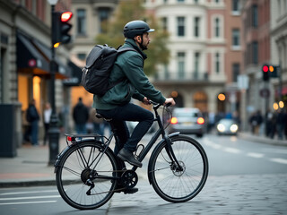 Young delivery man riding bicycle on urban street