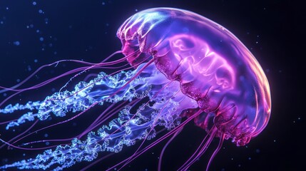 Glowing Alien-Like Jellyfish Pulsating in Deep Sea Darkness