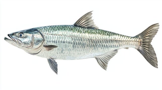 Tarpon Megalops atlanticus is prominently displayed highlighting its sleek body reflective scales and elongated dorsal fin. This species is known for its impressive size and acrobatic leaps.
