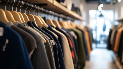 Fototapeta premium A boutique with modern lighting and sleek furniture, showcasing racks of fashionable baby and children's clothes in warm, soft tones, creating a cozy and inviting shopping experien