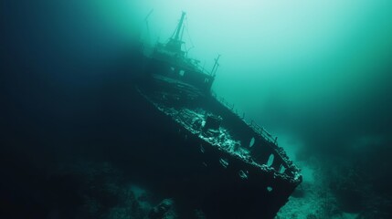 Fototapeta premium Enigmatic Underwater World: Haunting Shipwrecks and Ethereal Deep-Sea Creatures