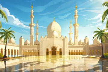 Fototapeta premium A Grand Mosque with White Walls and Golden Accents Under a Sunny Sky