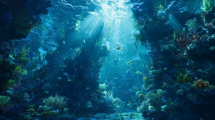 Fototapeta premium Vibrant Underwater World: Lively Deep Sea Reef Ecosystem Teeming with Diverse Marine Life Interacting in Harmony. Ultra-Detailed Aquatic Scene.