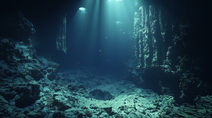 Obraz premium Majestic Deep-Sea Canyon: Panoramic View of Dramatic Rock Formations, Swirling Currents, and Diverse Marine Life in Soft Light | Ultra-Detailed Underwater Landscape