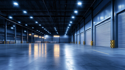 Obraz premium A modern warehouse facade with a massive roller shutter door rolled up, exposing a clean, high-ceilinged storage area ready for loading operations, with industrial lighting illumin