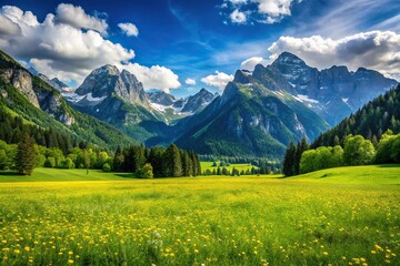 Obraz premium scenic view of meadows and mountains with forced perspective