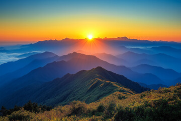 Obraz premium Majestic sunrise over rolling mountains and valleys in peaceful natural landscape at dawn