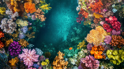 Drone perspective of a vibrant coral reef just beneath the surface of crystal-clear tropical waters