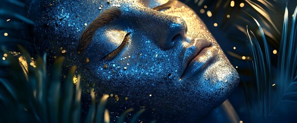 A close up of a woman's face covered in blue glitter, surrounded by green leaves.
