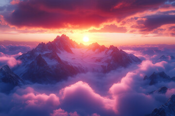 Fototapeta premium Stunning sunrise over majestic mountains with clouds in vibrant colors at dawn in a serene landscape