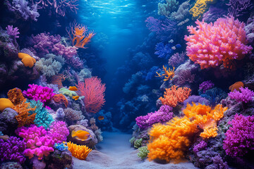 Obraz premium Vibrant coral reef teeming with life beneath clear blue waters in a thriving underwater ecosystem during daylight hours