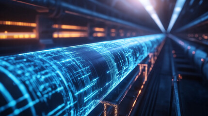 A futuristic PE pipe plant with advanced machinery manufacturing large-diameter polyethylene pipes with vibrant blue lines, representing the next generation of gas and water infras