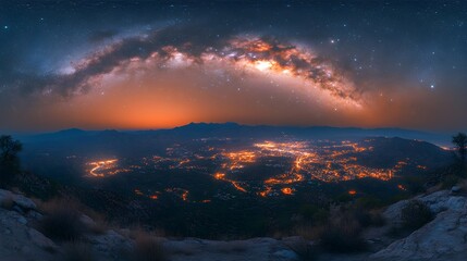 Naklejka premium Starfield: A night sky view with glowing stars A panoramic shot of the night sky with thousands of twinkling stars.