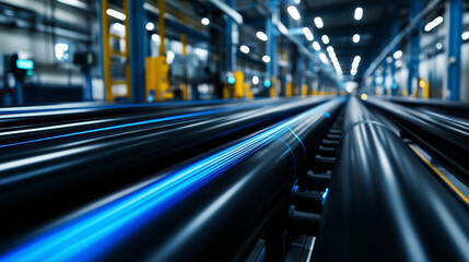 An industrial production line creating black polyethylene pipes with blue lines running through them, representing HDPE pipes for gas and water distribution, capturing the essence