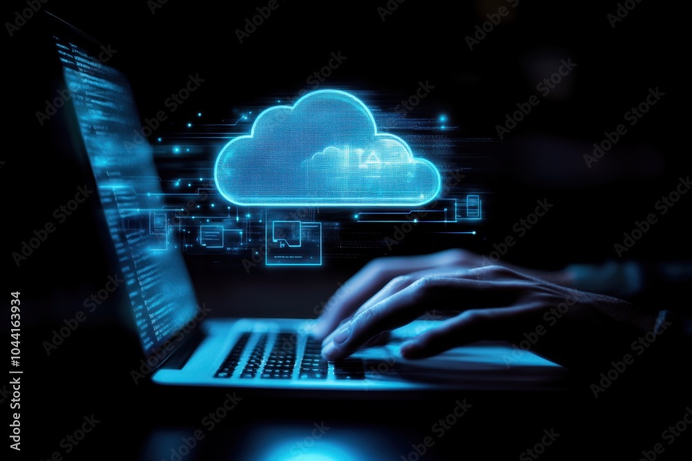 Poster a person using cloud computing technology on their laptop, with icons for data security and remote s